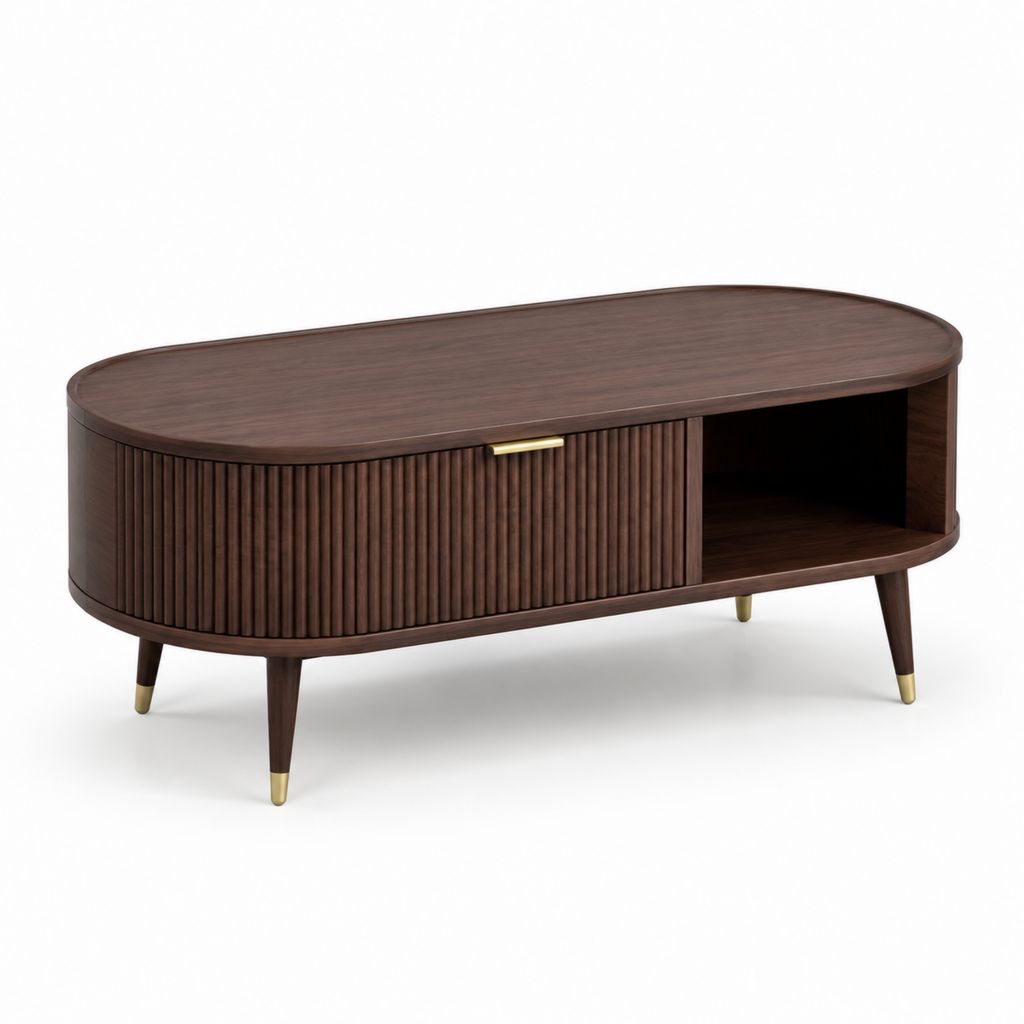 Tavolino da caffè ovale marrone in MDF impiallacciato noce 120 x 60 x 45 cm con anta scorrevole