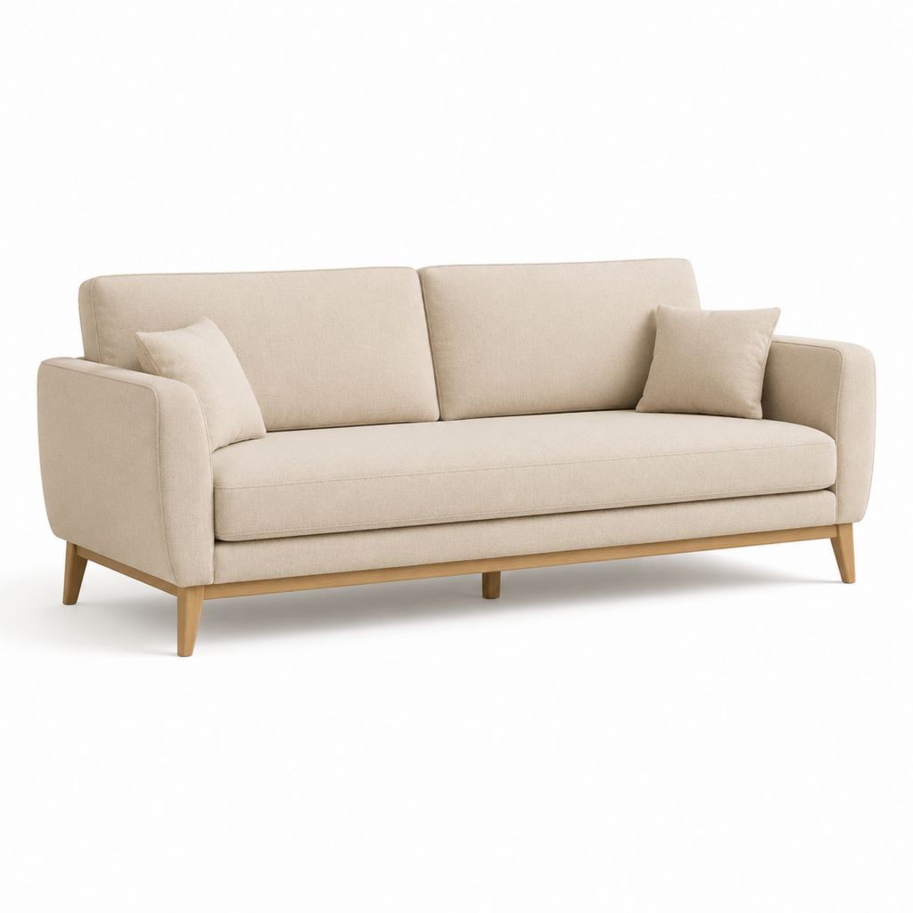 Divano 3 posti beige in poliestere con gambe in legno massello 210 x 90 x 85 cm
