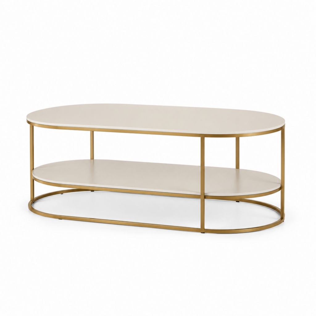 Tavolino da caffè ovale beige e oro in MDF e acciaio 120 x 60 x 45 cm
