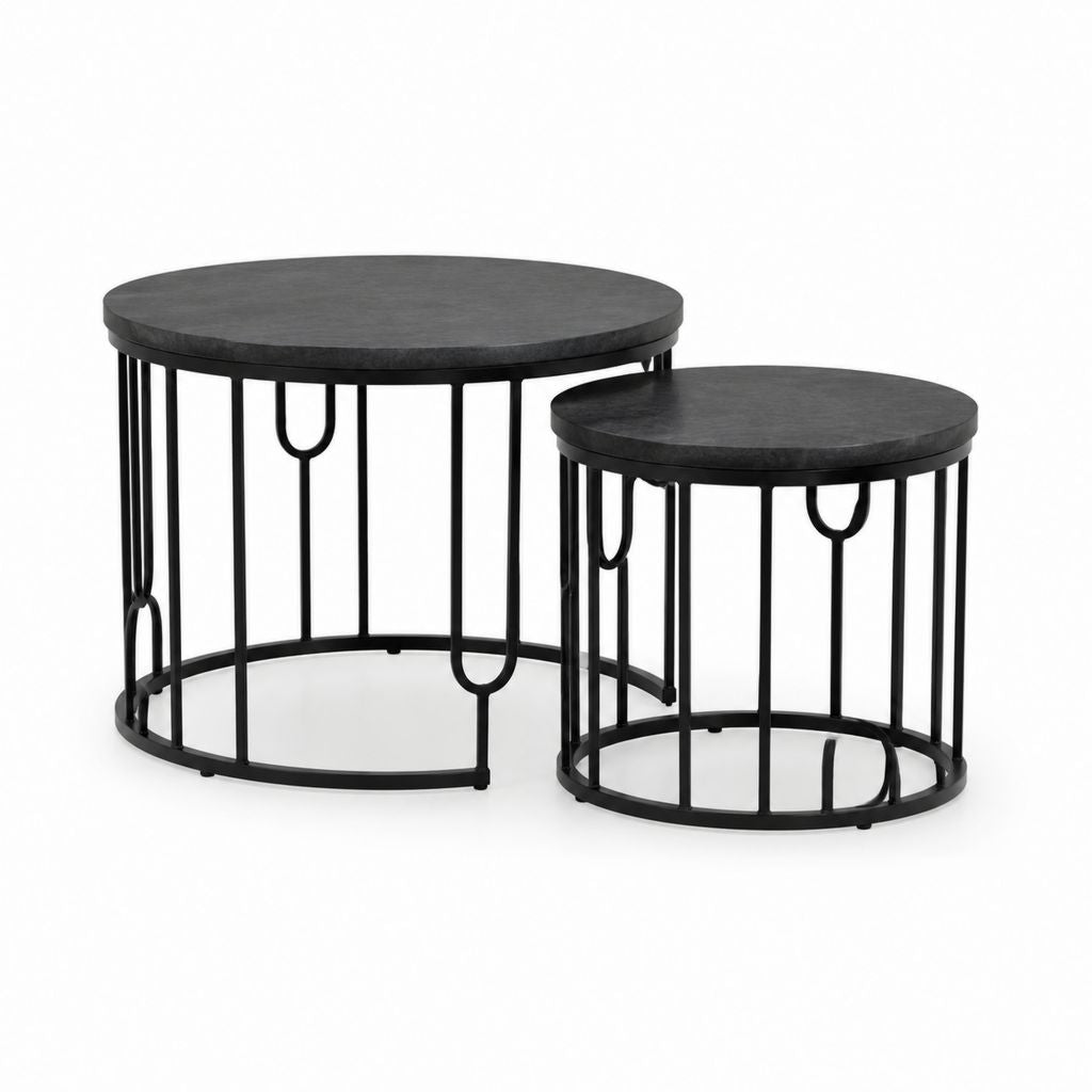 Set 2 tavolini da caffè rotondi neri in MDF e acciaio Ø70 x 45 cm Ø50 x 40 cm