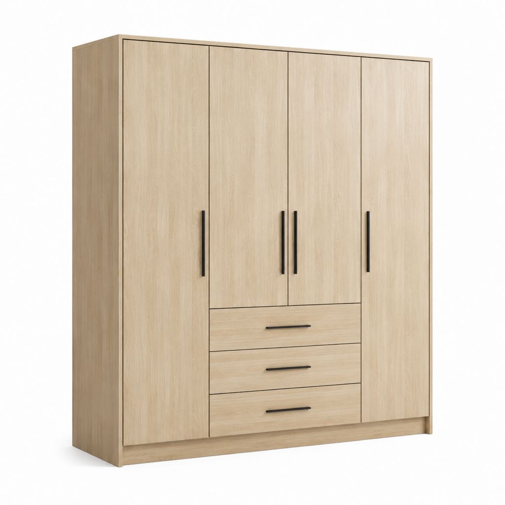 Armadio guardaroba 4 ante con 3 cassetti rovere chiaro in pannello truciolare nobilitato rettangolare 180 x 52 x 200 cm