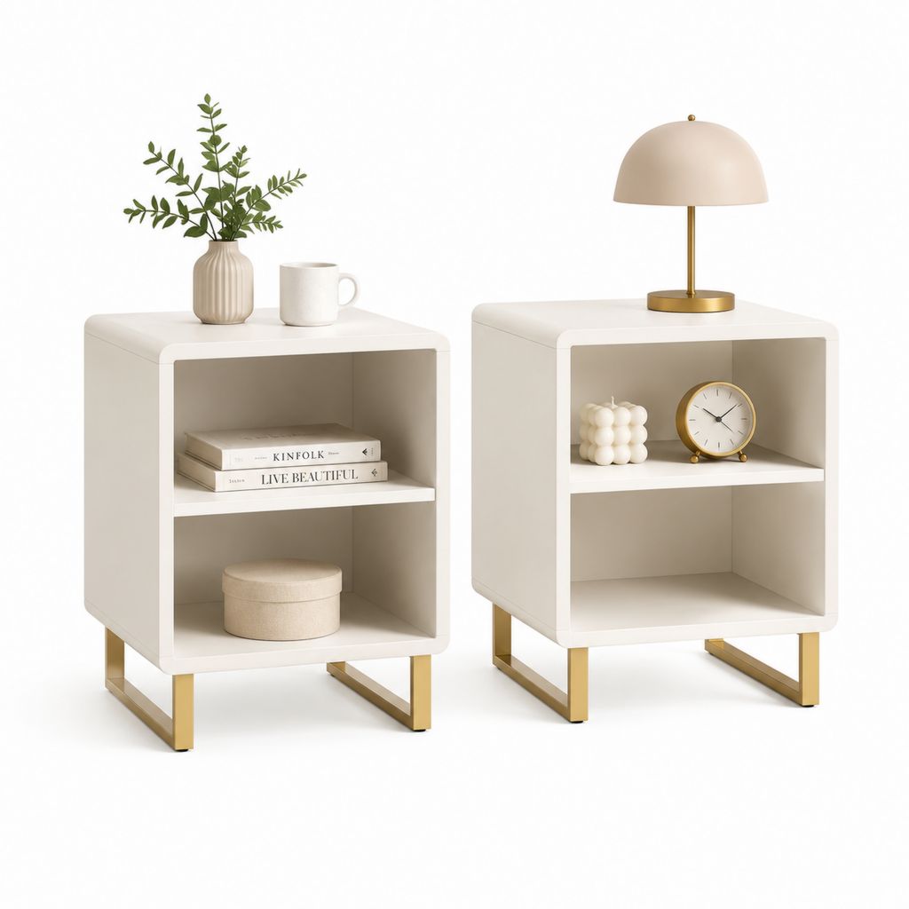Set di 2 comodini bianchi in MDF con ripiani aperti e gambe dorate 40 x 35 x 60 cm