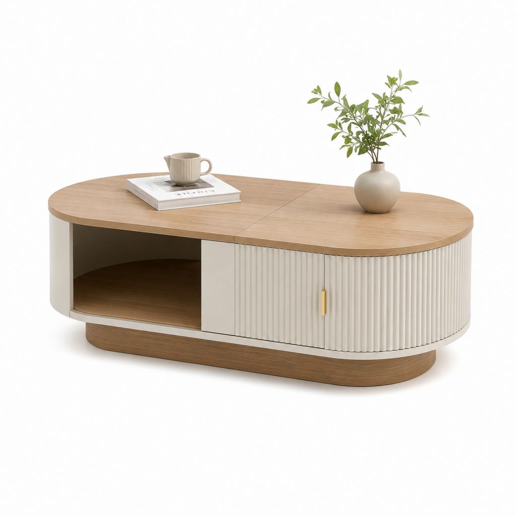 Tavolino da caffè con contenitore ovale rovere chiaro e bianco in MDF 120 x 60 x 45 cm