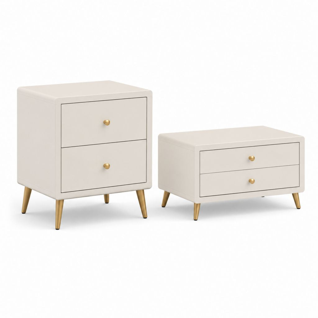 Set di 2 comodini beige in MDF rivestito in poliuretano con 2 cassetti e gambe dorate 50 x 40 x 65 cm e 70 x 40 x 45 cm
