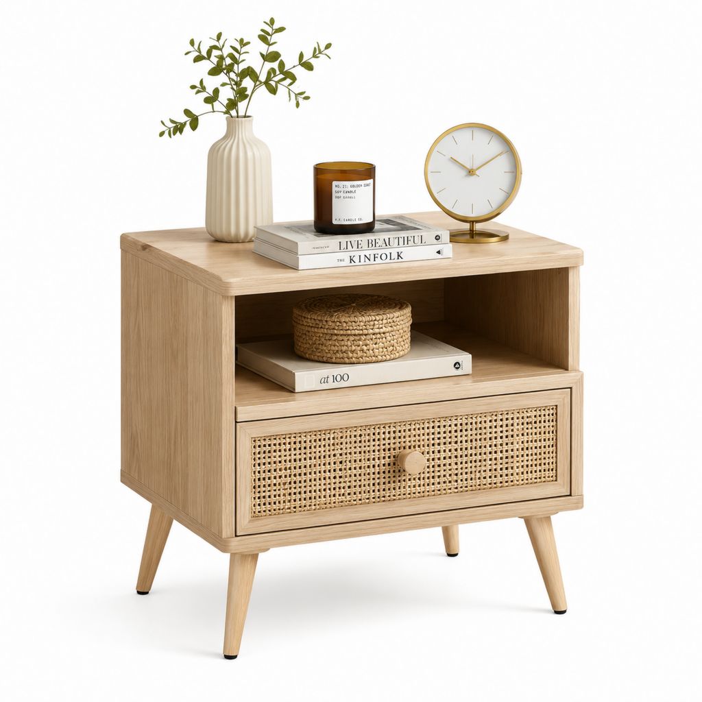 Comodino con cassetto e vano a giorno in MDF impiallacciato rovere chiaro 50 x 40 x 60 cm