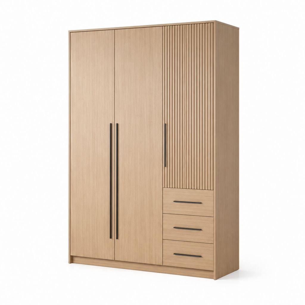 Armadio guardaroba 3 ante 3 cassetti rovere chiaro in pannello truciolare rettangolare 120 x 52 x 200 cm