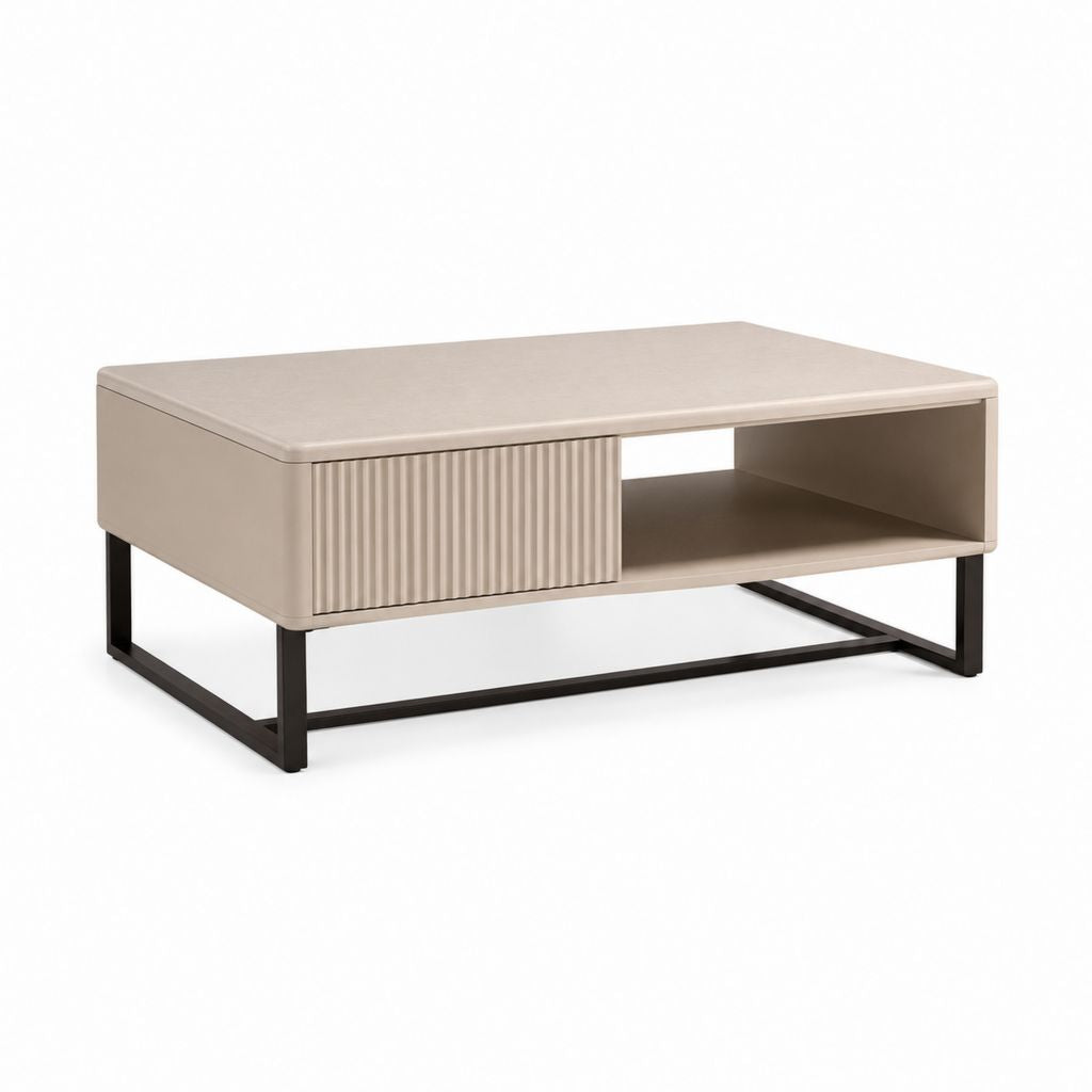Tavolino da caffè rettangolare beige in MDF e acciaio 100 x 60 x 45 cm con vano aperto e cassetto