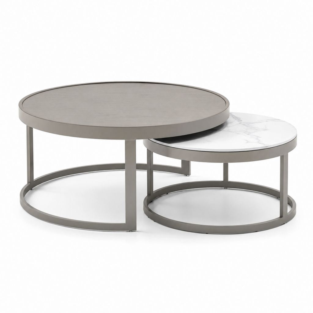 Set 2 tavolini da caffè rotondi grigio e bianco in MDF e acciaio 80 x 45 cm e 60 x 38 cm