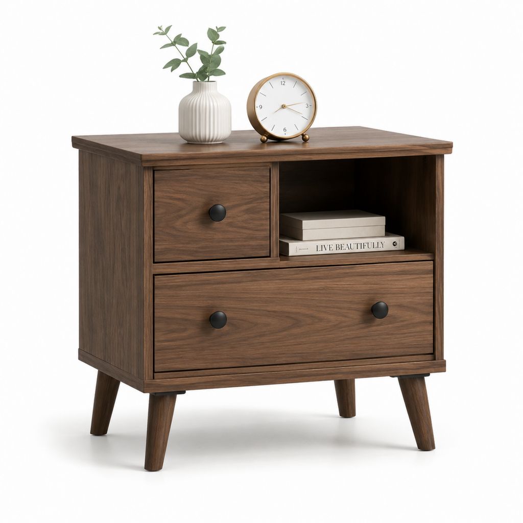 Comodino rettangolare con 2 cassetti e vano aperto marrone noce in MDF 60 x 40 x 65 cm