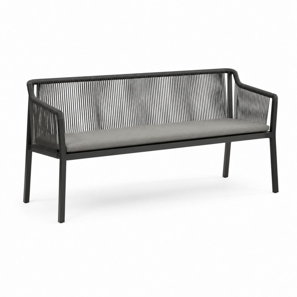 Panca da giardino 2 posti nera in acciaio e corda PE con cuscino grigio 120 x 65 x 80 cm
