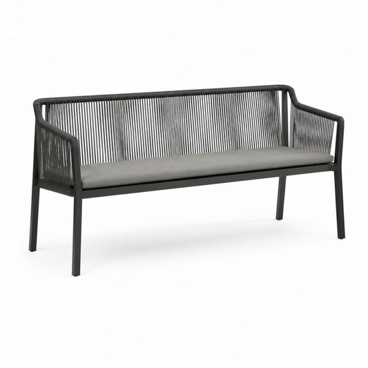 Panca da giardino 2 posti nera in acciaio e corda PE con cuscino grigio 120 x 65 x 80 cm