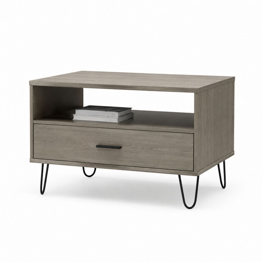 Tavolino da caffè rettangolare grigio rovere in pannello truciolare melaminico con cassetto e vano a giorno 100 x 50 x 45 cm