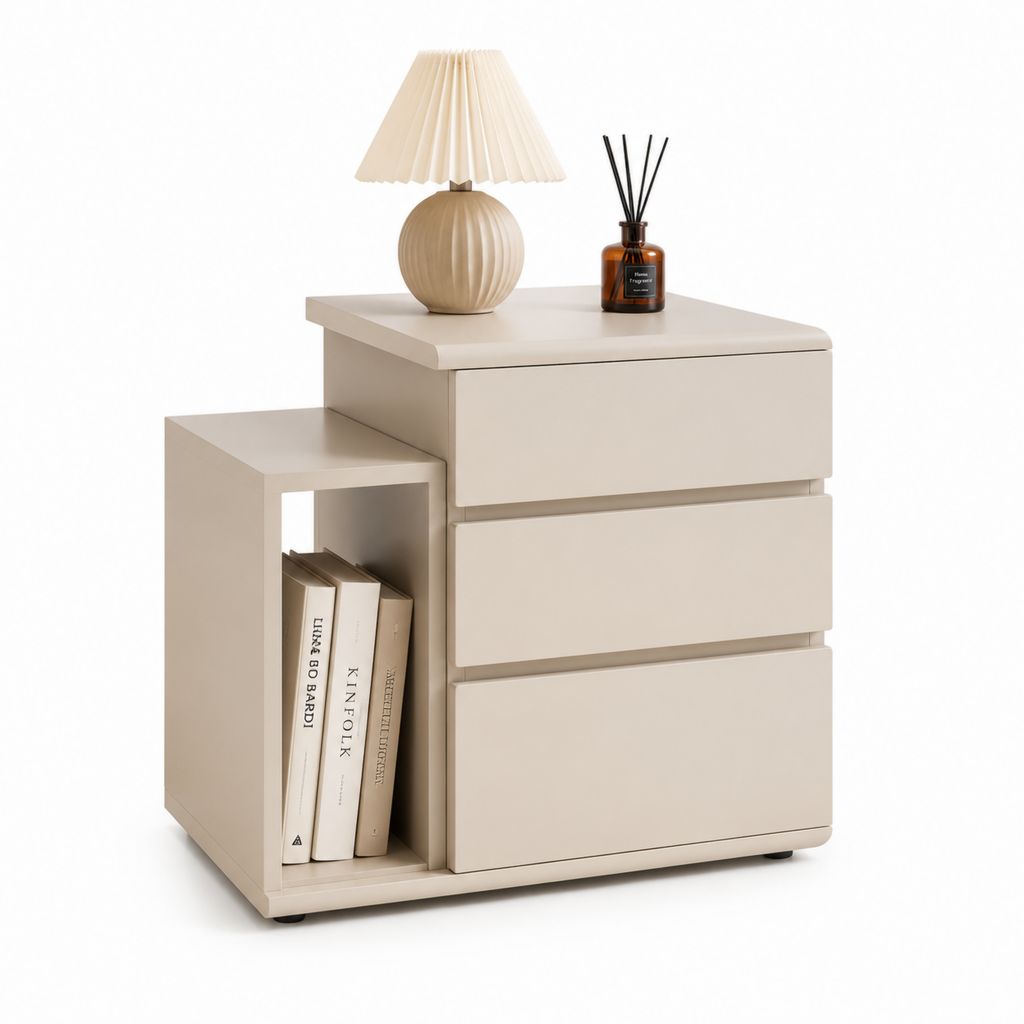 Comodino beige in MDF con 3 cassetti e vano aperto 50 x 40 x 60 cm