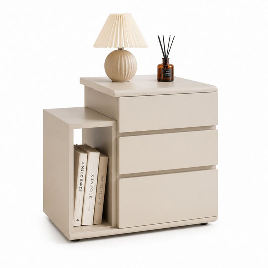 Comodino beige in MDF con 3 cassetti e vano aperto 50 x 40 x 60 cm
