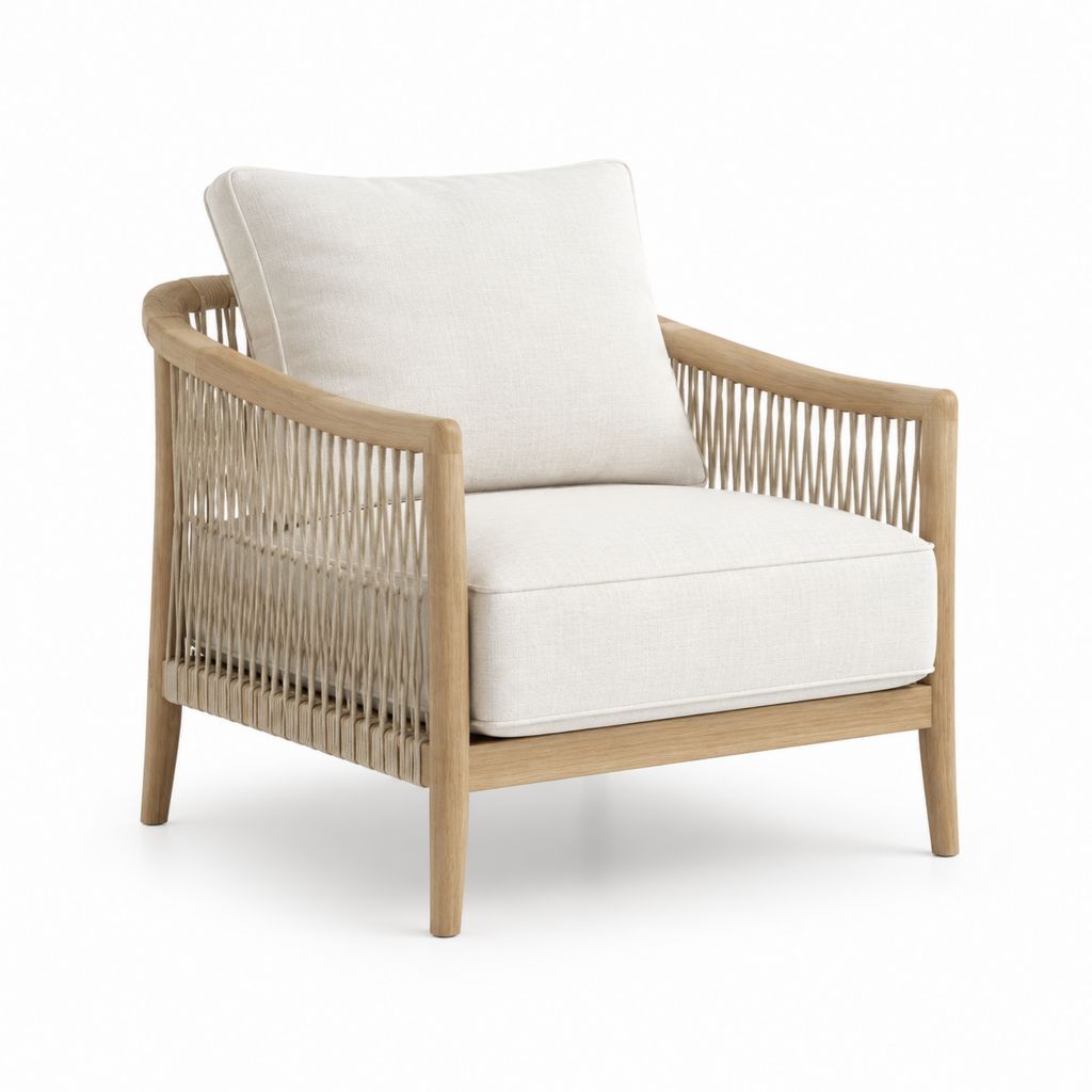 Poltrona da soggiorno beige e naturale in acacia massello e corda in polipropilene 74 x 78 x 82 cm