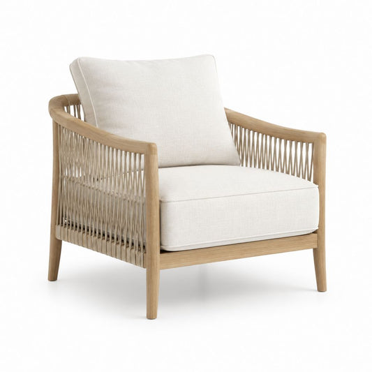 Poltrona da soggiorno beige e naturale in acacia massello e corda in polipropilene 74 x 78 x 82 cm