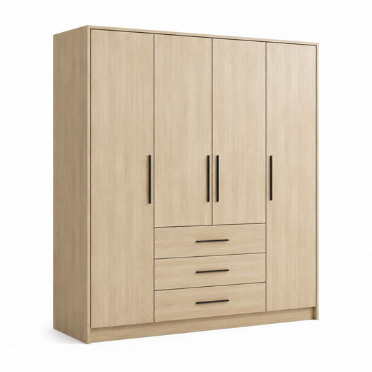 Armadio guardaroba 4 ante con 3 cassetti rovere chiaro in pannello truciolare nobilitato rettangolare 180 x 52 x 200 cm