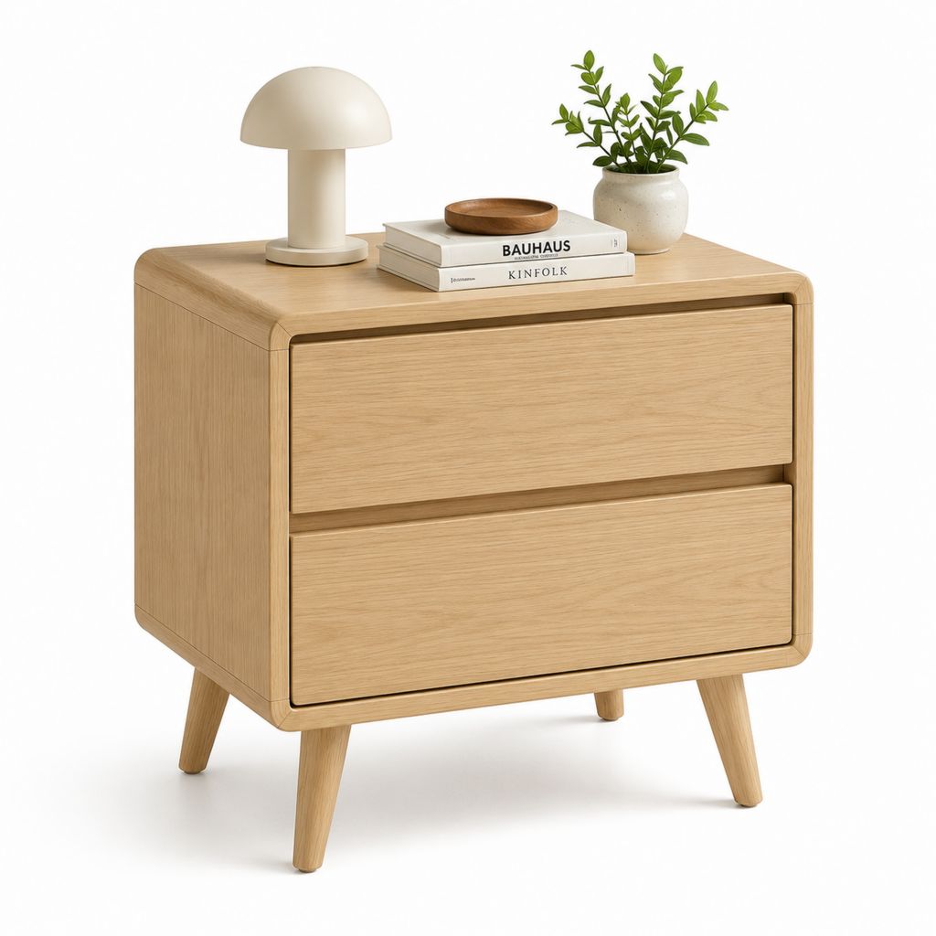 Comodino rettangolare in MDF impiallacciato rovere naturale con 2 cassetti 50 x 40 x 55 cm