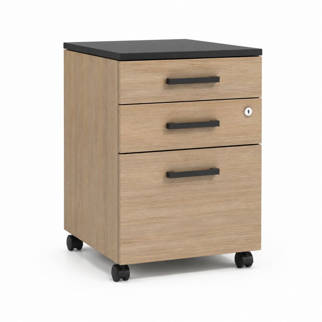 Cassettiera da ufficio su ruote con 3 cassetti rovere chiaro e nero in pannello truciolare 43 x 50 x 65 cm