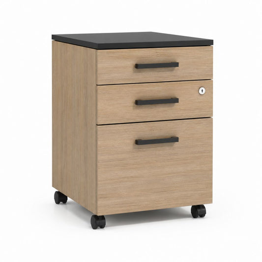 Cassettiera da ufficio su ruote con 3 cassetti rovere chiaro e nero in pannello truciolare 43 x 50 x 65 cm