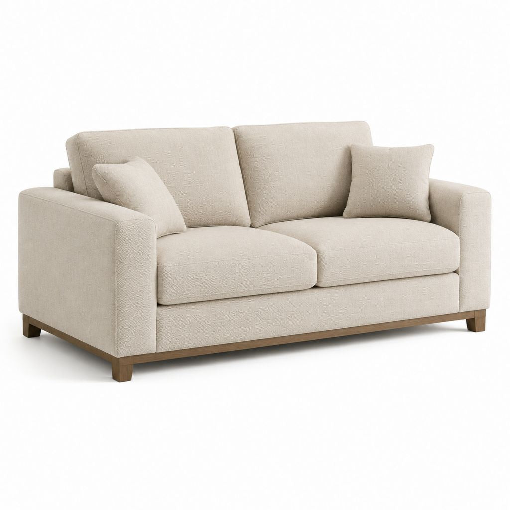 Divano 2 posti beige in poliestere con piedi in eucalipto massello 180 x 90 x 85 cm