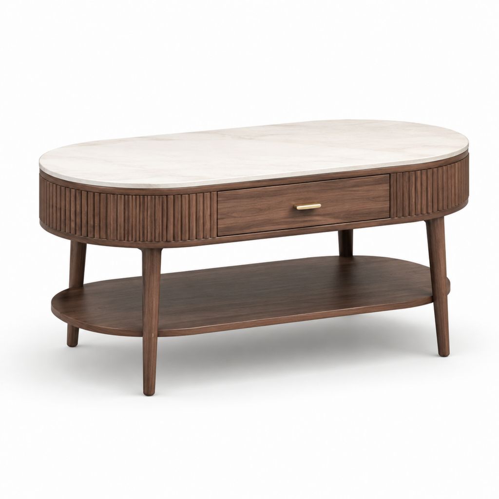 Tavolino da caffè ovale noce e bianco con piano in pietra sinterizzata 120 x 60 x 45 cm