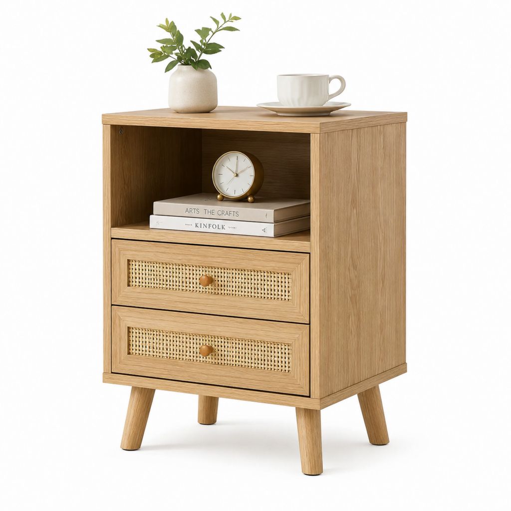 Comodino rettangolare rovere chiaro in MDF impiallacciato e rattan 45 x 35 x 65 cm